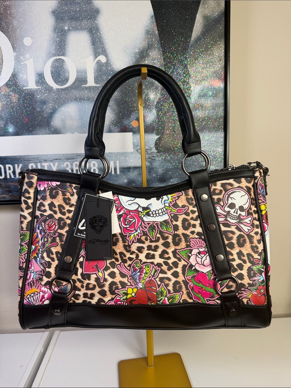 Ed Hardy Leopard Floral Skull Shoulder Bag - Pink/Black